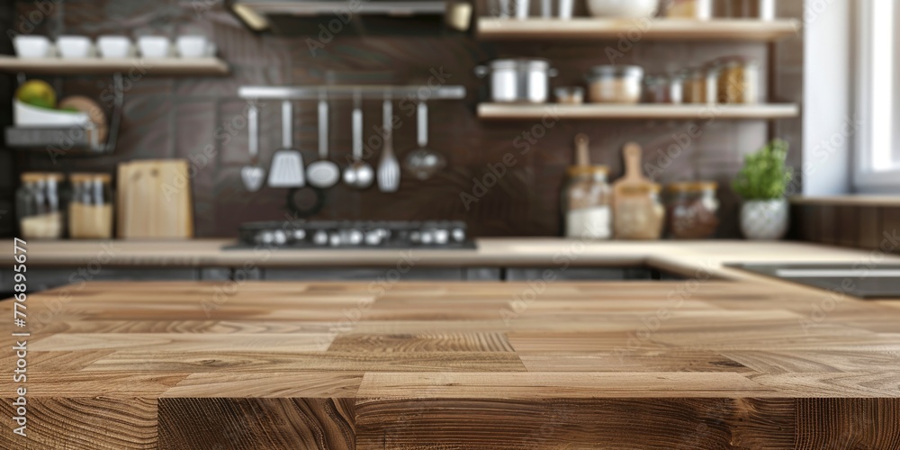 Wooden countertop on blurred modern kitchen background, template for demonstration, product display concept