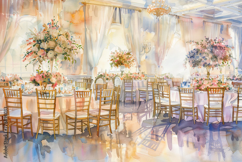Soft pastel watercolor of wedding chairs and dA cor, inviting and elegant under diffused lighting photo