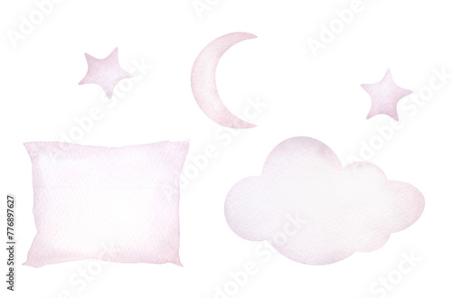 Watercolor illustration of pink clouds, moons, stars, pillows isolated on a white background, hand-drawn. Children's elements in pastel shades for design, decoration.