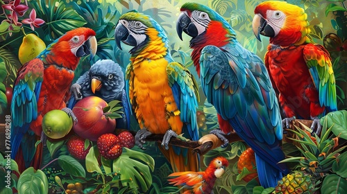 A scene of colorful parrots, each with unique feather patterns, sharing a feast of tropical fruits in a lush rainforest setting.
