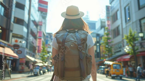 Rear view of A young woman with a radiant smile wearing a sun hat and casual clothes enjoys a sunny day while exploring vibrant city streets.