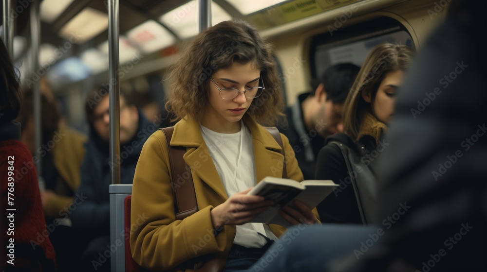 Commuters sitting and reading on subway train during commute, engrossed in books, newspapers, or digital devices, immersing themselves in literature or information.
Commuters sitting and reading on subway train during commute, engrossed in books, newspapers, or digital devices, immersing themselves in literature or information.