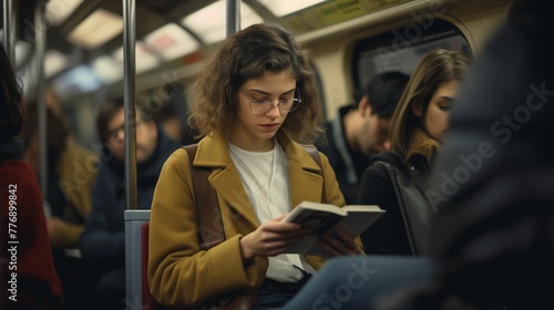 Commuters sitting and reading on subway train during commute, engrossed in books, newspapers, or digital devices, immersing themselves in literature or information. 