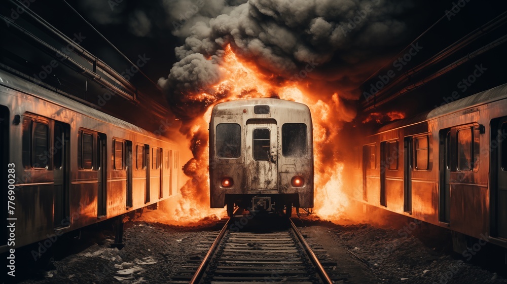Fire engulfs train inside station parking lot, flames spreading rapidly, prompting emergency response and evacuation measures for passenger safety.
