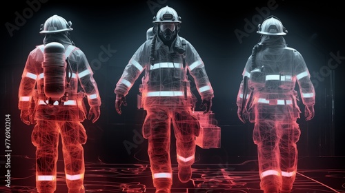 Firefighters employing thermal imaging technology for locating individuals in rescue operations, capturing heat signatures in hazardous environments for enhanced safety. 