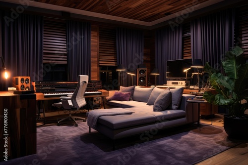 A recording studio with a cozy lounge area for relaxing between sessions, A recording studio concept, AI-generated