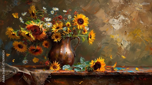 A still life painting of sunflowers and wildflowers in an antique copper jug, set on a rustic wooden table with scattered petals.