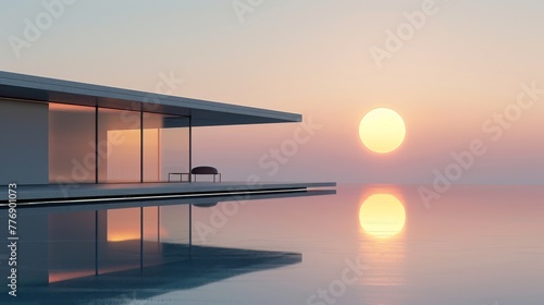 Modern minimalist architecture at dusk, serene pool reflecting the sunset sky, with a single chair overlooking the tranquil horizon photo