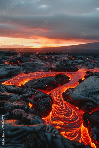 A mystical volcanic landscape, lava flows in neon orange and red, contrasting with the cool pastel sky