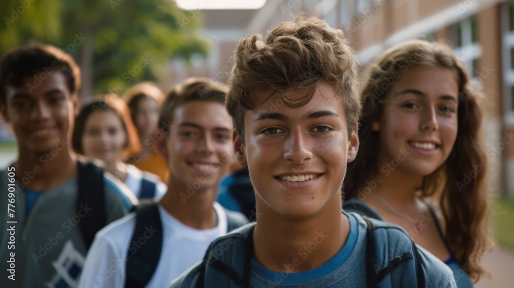 Group of teens walking to school together. Happy teenagers smiling and walking together to school, embodying camaraderie and friendship Group of teens walking to school together. Happy teenagers smiling and walking together to school, embodying camaraderie and friendship