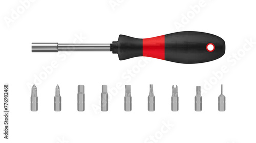 Screwdriver with magnetic bits different types set realistic vector illustration