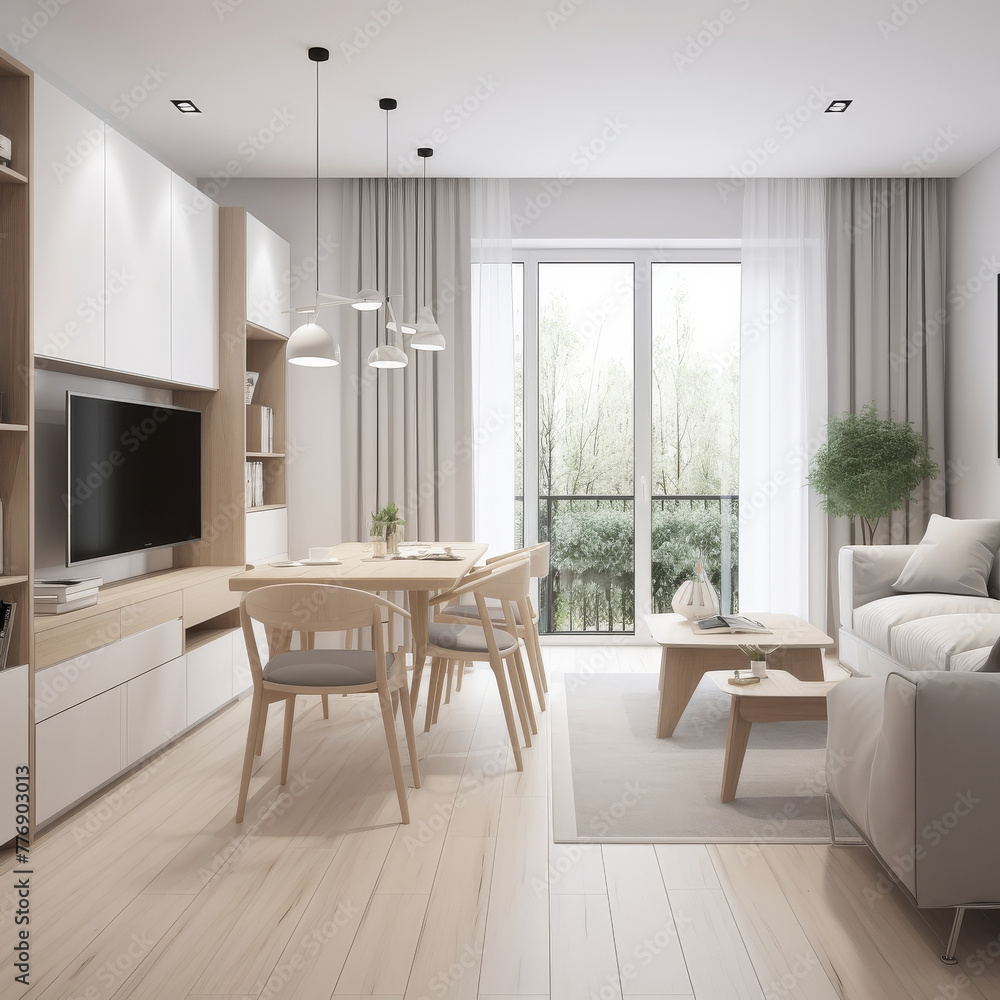 Fototapeta premium A living room filled with various furniture pieces including a flat screen TV mounted on the wall