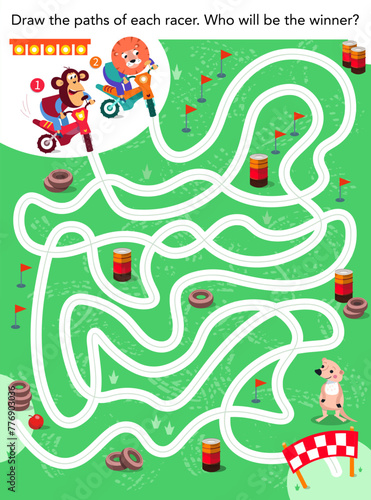 Maze game, activity for kids. Draw path, name winner. Cute monkey and lion on motorbike. Vector illustration.