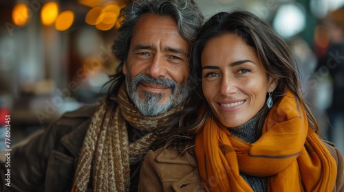Happy couple smiling together in casual wear. An intimate portrait of a smiling mature man and woman wearing cozy scarves and casual clothing