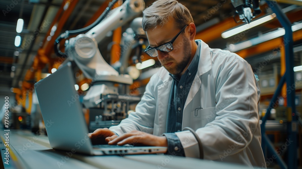 Focused Engineer Programming Factory Robotic Arm. Focused Engineer Programming Factory Robotic Arm.