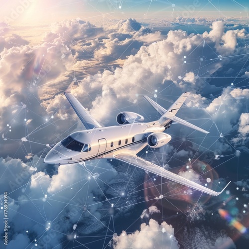 Private Corporate Jet Flying Above Dramatic Cloudscape in Vivid Blue Sky