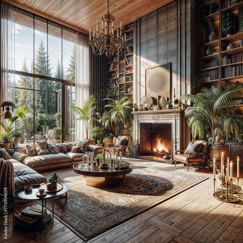 a living room with a couch a table and a fire place, a digital rendering  pixabay contest winner, photorealism, vray tracing, vray, photoillustration photo