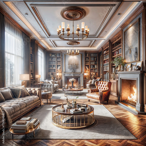 a living room with a couch a table and a fire place, a digital rendering  pixabay contest winner, photorealism, vray tracing, vray, photoillustration photo