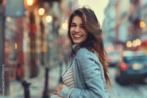 Wallpaper Mural Happy Young woman pregnant smiling confident touching belly at street Torontodigital.ca