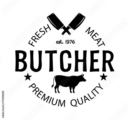Butcher shop logo emblem. Meat shop typography icon. Butchery store vector design element. Vector illustration with meat knife. Butcher logo template. Fresh meat shop. Vintage kitchen logo.