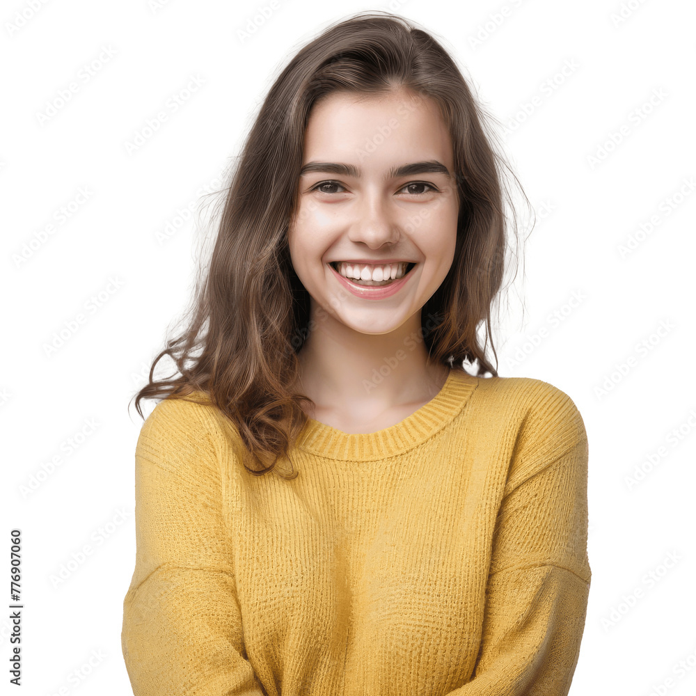 portrait of a smiling woman wearing yellow sweater isolated on transparent background portrait of a smiling woman wearing yellow sweater isolated on transparent background