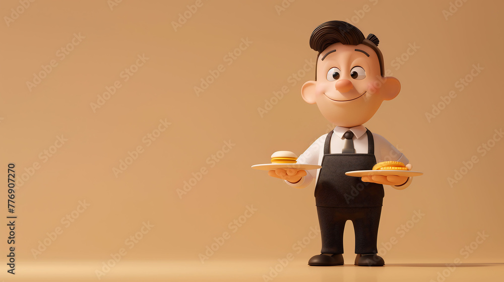 Happy waiter 3D rendering model, labor day, solid color background, copy space Happy waiter 3D rendering model, labor day, solid color background, copy space
