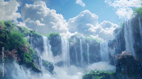 A surreal landscape where waterfalls flow into the sky, defying all logic.