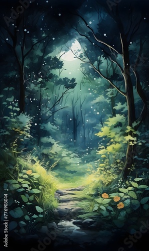 Detailed watercolor painting, Dark dreamy enchanted magical forest with tall trees, green foliage, nature invitation card, wallpaper, banner fire flies