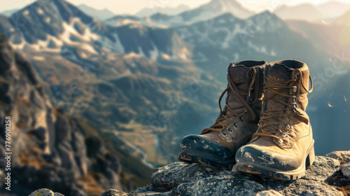 A pair of worn-in hiking boots sit atop a rocky summit, showcasing the majestic mountain views and a sense of accomplishment