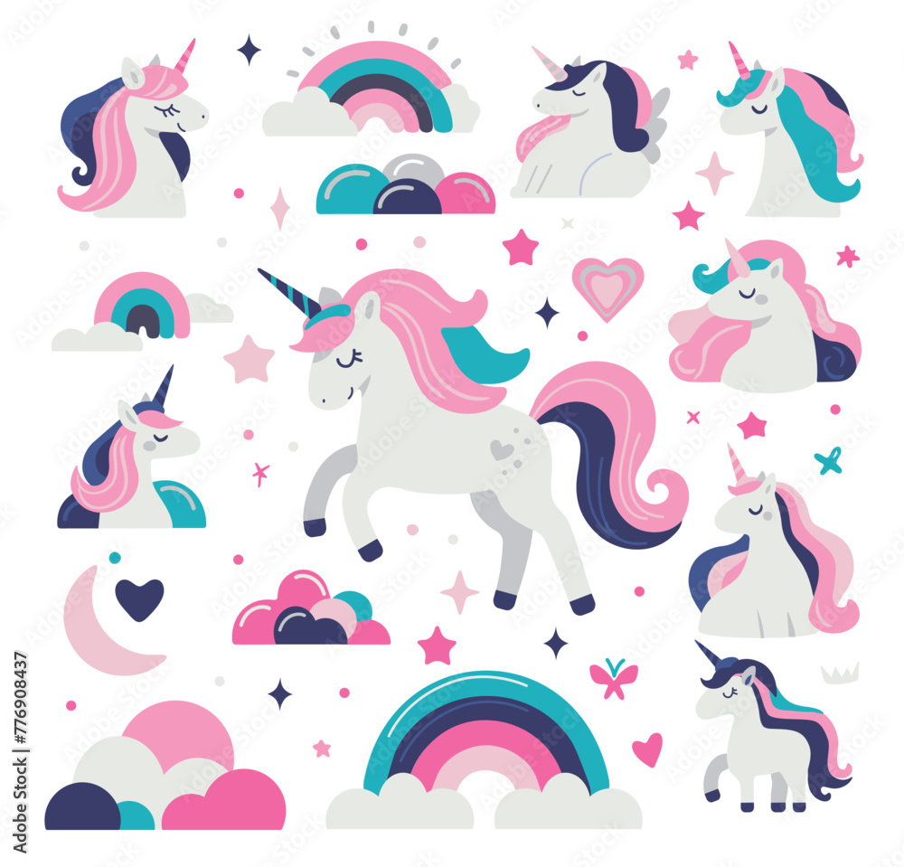 Illustration of a cute unicorns, rainbows, cute clouds, hearts and stars, vector image of 6 colors, suitable for silk screen printing Illustration of a cute unicorns, rainbows, cute clouds, hearts and stars, vector image of 6 colors, suitable for silk screen printing