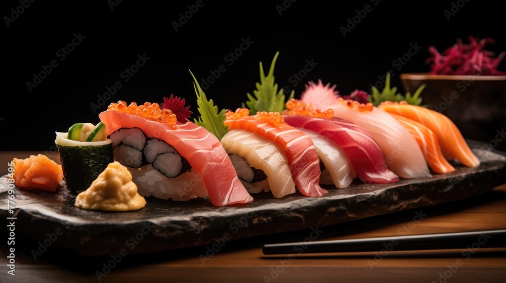 Assortiment de Sushi Nigiri Professionnel avec Wasabi et Baguettes Assortiment de Sushi Nigiri Professionnel avec Wasabi et Baguettes