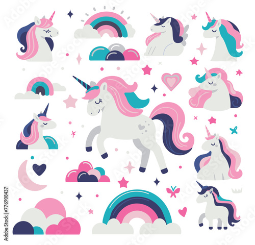Illustration of a cute unicorns, rainbows, cute clouds, hearts and stars, vector image of 6 colors, suitable for silk screen printing