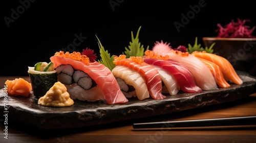 Assortiment de Sushi Nigiri Professionnel avec Wasabi et Baguettes