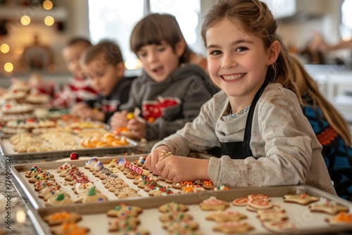 A group of children are making cookies and smiling