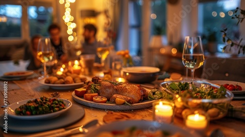 A table with a variety of food and drinks  including wine glasses and candles