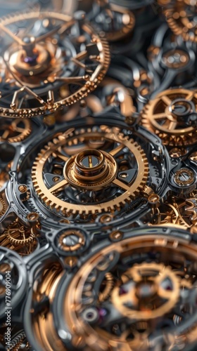 A close up of a clock with many gears and a gold finish