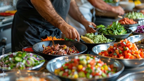 A man is preparing food in a kitchen with a variety of dishes, including a salad
