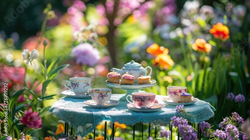 A table with teacups and cakes in a garden setting