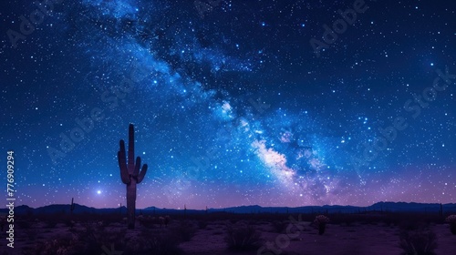 A cactus is standing in a desert at night under a sky full of stars