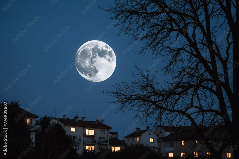 Naklejka premium Moon rising over trees and buildings at night
