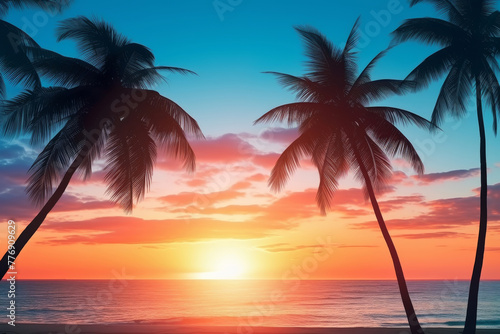 Palm trees silhouette against the orange sky as the sun sets over the beach © MastersedZ