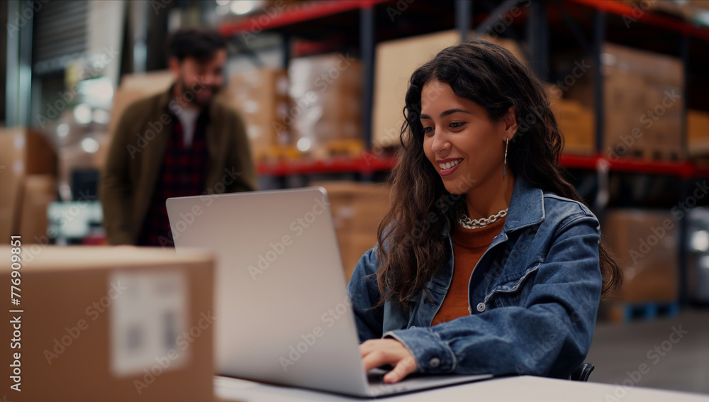 A woman is busy working on a laptop in a warehouse.