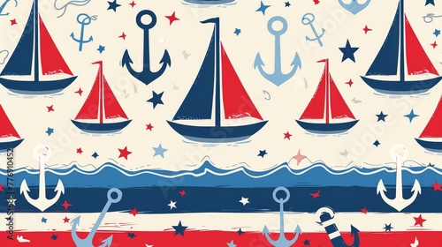 Nautical Theme, Sailboats, anchors, and stripes in red, white, and blue, summer background