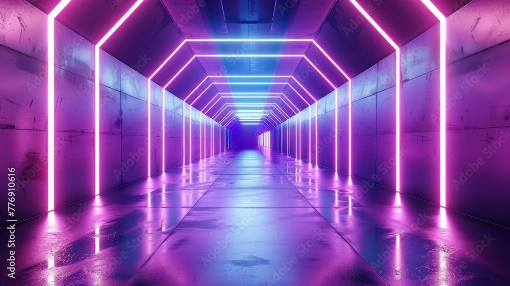 Vibrant Neon Geometric Tunnel of Light and Symmetry - Abstract Futuristic Digital Architectural Visualization with Mesmerizing Perspective