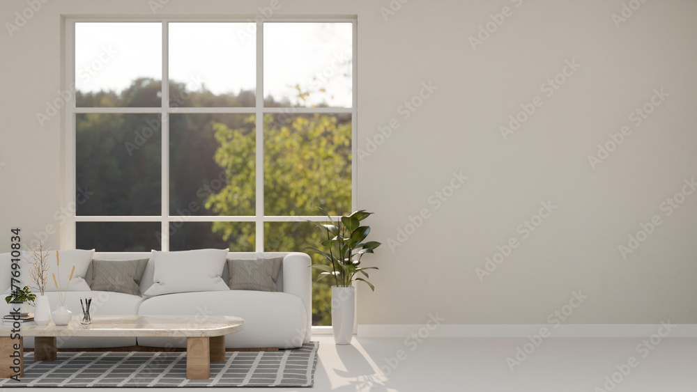 Naklejka premium The interior design of a contemporary minimalist white living room features a cozy white couch.