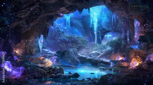 A hidden cave filled with dazzling crystals and bioluminescent life forms, creating a surreal, otherworldly sanctuary.