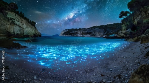 A magical bay where the water glows with bioluminescence under the sprawling beauty of the Milky Way Galaxy on a clear night.