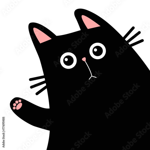 Cute black cat head peeking out from around the corner. Kitten face. Waving hand paw print. Kawaii baby pet animal. Cartoon character. Sticker, greeting card print Flat design Yellow background Vector