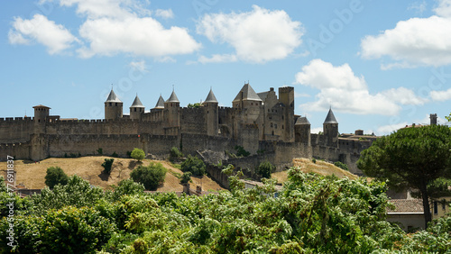 Obraz na płótnie Carcassonne hillltop medieval citadel castle with watchtowers and fortification panoramic view, popular tourist destination, France w salonie