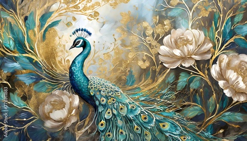 Flowers background, branches, peacocks, gold and blue. Painting. Modern Art. Wall art